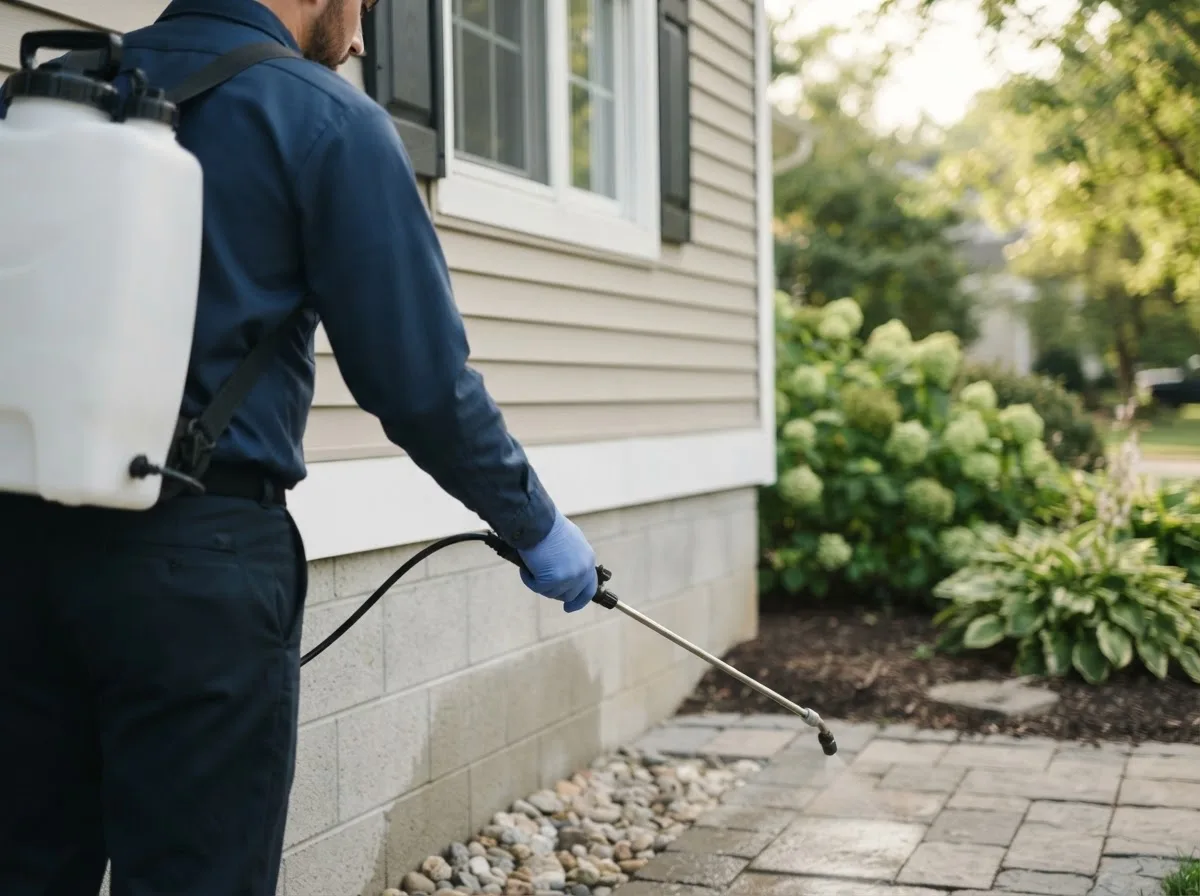 Pest control technician inspecting a home in Fred, TX